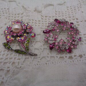 2 Vintage Inspired Brooches Pink Crystal Rhinestone Flower & Wreath